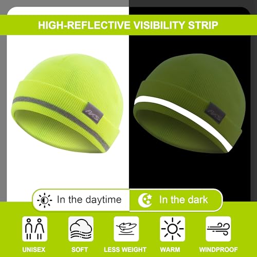 Reflective Safety Beanie Hat for Men & Women - Green + Black, One Size