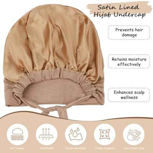 XEPST 2 PCS Hijab Undercap for Women, Satin Undercap for Hijab Islamic Muslim Under Hijabcap Modal Head Wraps Tie Back Bonnet Inner Head Scarf Turbans for Women Chemo Hat Sleep Cap, Black+Khaki