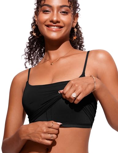 Women's Medium Black Cami Strap Longline Bikini Top - Quick Dry, Supportive