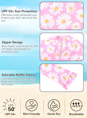 Pink Flower Long Sleeve Toddler Swimsuit with UPF 50+ Sun Protection - 4-5T