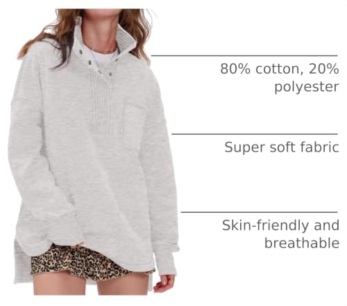 Women's Oversized Sweatshirt with Snap Button Henley Neck - Light Grey, Medium