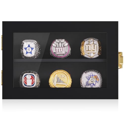 Wall Mount Championship Ring Display Case - 6 Rings Black Wood Glass Cover - Variation of THIS listing: 6 Posts-Black-Rectangle