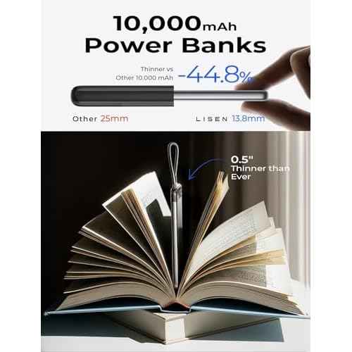 LISEN 0.5" Ultra Slim Premium Travel Power Bank [10,000mAh 22.5W] CCC Certified Power Bank Airplane Gadgets, International Travel Essentials for Flying, Portable Charger with Built in USB C Cable