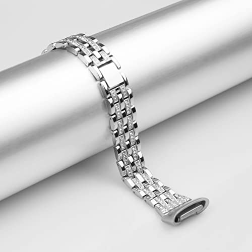 Silver Rhinestone Metal Bracelet Compatible with Fitbit Charge 6/5 - Luxurious Women's Wristband