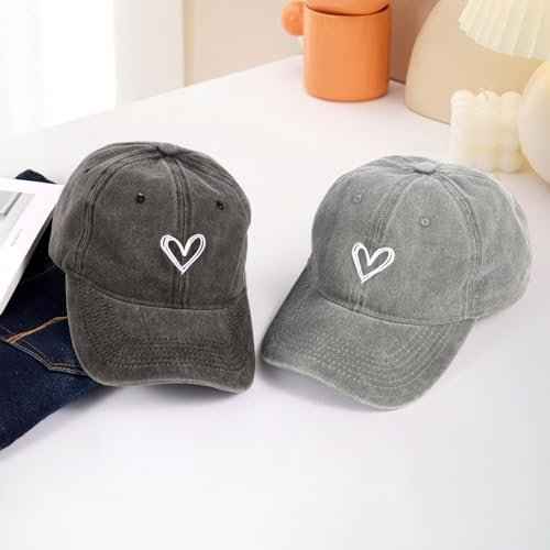 2 Pack Heart Baseball Caps for Women Men, Cute Adjustable Washed Sun Hats for Outdoor Running Golf