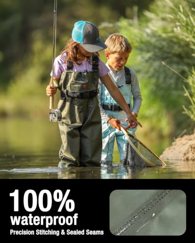 Kids Chest Waders with Boots - Youth Waterproof Fishing Waders for Boys, Green 8/9 Big Kid