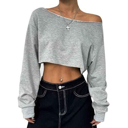 Remidoo Women's Off the Shoulder Cropped Sweatshirt Asymmetrical Neck Long Sleeve Crop Tops