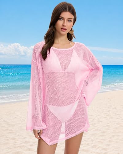 Pink Crochet Sheer Beach Coverup for Women with Sequin Details - Summer Slit Dress
