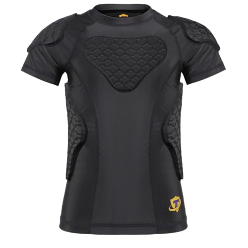 Youth Boys Football Padded Shirt Rib Chest Protector 6-Pads - Black, Large