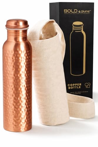 Copper Water Bottle 32oz Hammered Pure Copper Drinking Vessel with Leak-Proof Cap & Canvas Bag
