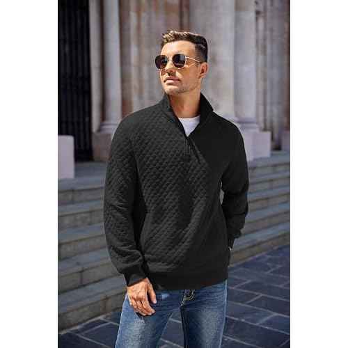 COOFANDY Mens Quarter Zip Pullover Quilted Sweatshirt Knit Long Sleeve Mock Neck Sweater Polo with Pocket