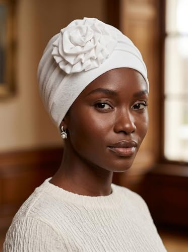 Women Turban Flower Headband Elastic Cap Pre-Tied Scarf Bonnet - Medium White