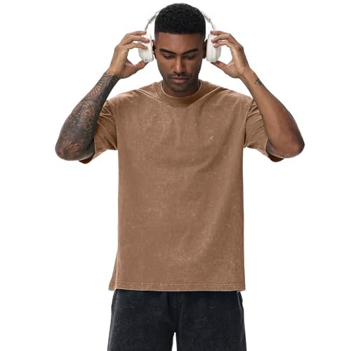 Men's Oversized Cotton T-Shirt - Loose Fit Vintage Washed Casual Top - Large Beige+Coffe+Black
