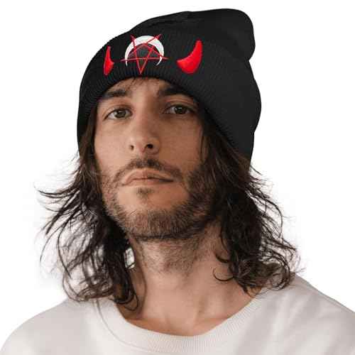 Spooky Horror Devil Horned Embroidery Beanie Knit Hat for Men Women, Casual Skull Knit Cap
