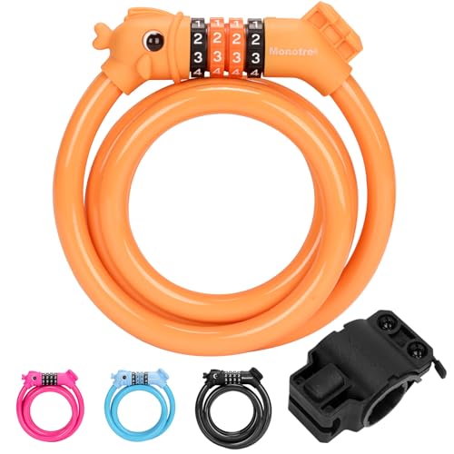Cute Orange 3.9ft Bike Lock with 4-Digit Resettable Combination & Mounting Bracket