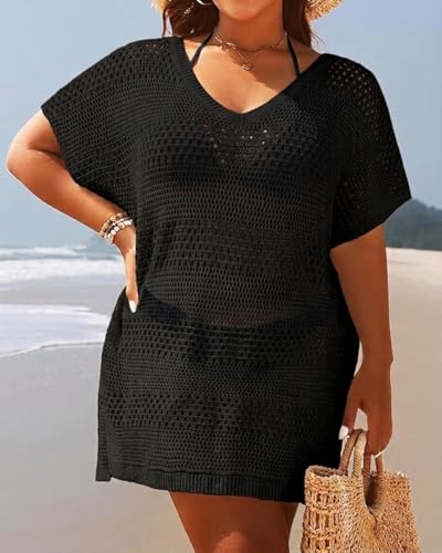 Plus Size Swimsuit Cover Up Crochet Bathing Suit Short Sleeve Beach Dress - 18 Plus, Black
