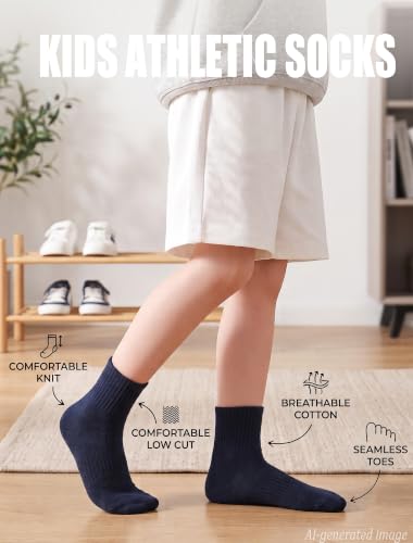 Kids Ankle Socks 5-8 Years Seamless Toe Athletic Cotton School Running Socks - White 10 Pack