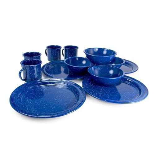 GSI Outdoors Sierra Enamel Table Set for Four with Bowls, Plates and Cups for Camping