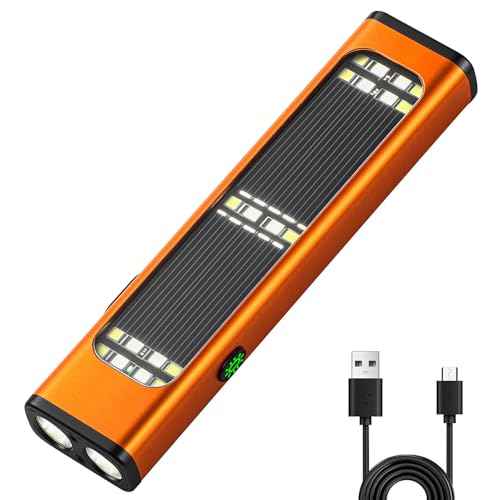 Solar/Rechargeable Flat Flashlights, 900 Lumens EDC Tactical Flashlight, Multi Function LED Small Flashlight, 7 Modes IP65 Waterproof for Home, Camping,and Emergency Use (Orange)