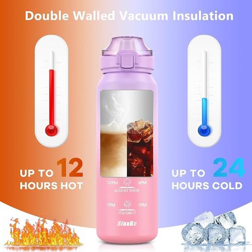Purple Pink 32oz Double Wall Insulated Water Bottle with Handle - BPA Free, Leakproof, Travel-Friendly