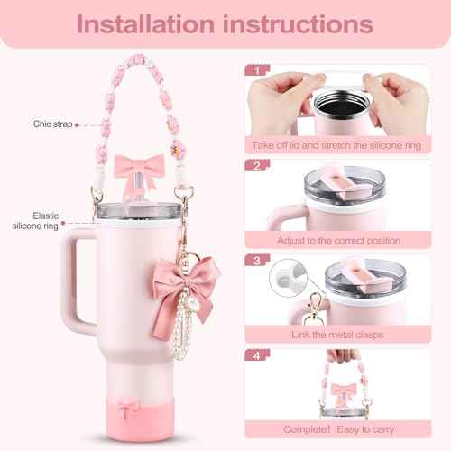 Stanley Cup Accessories Set,Bow Straw Cover, Water Bottle Handle Strap, Siliocne Cup Boot, Pearl Charms, Straw Topper for 40oz & 30oz Stanley Tumbler for Women (Pink)