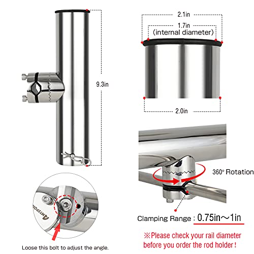 Stainless Steel Trolling Rod Holder Clamp Side Mount Fishing Pole Support 2PCS - Kayak Boat Sailboat