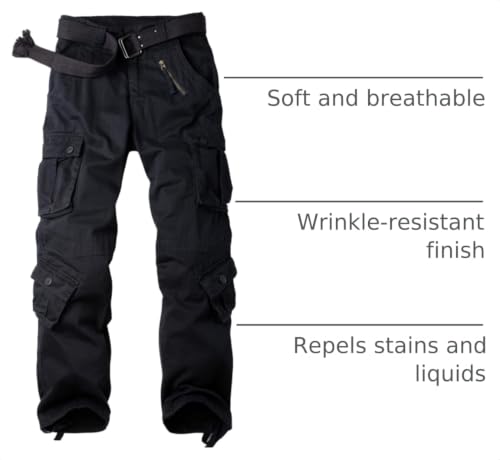 Men's Camo Cargo Work Pants 8 Pockets Tactical Ripstop Casual Pants - 32" Inseam, Black-03
