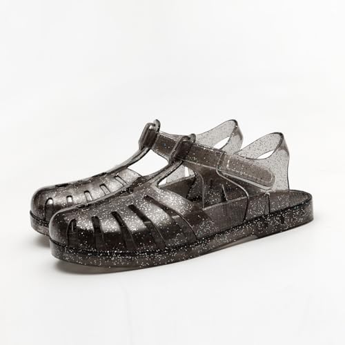 Girls Jelly Sandals Summer Costume Princess Dress Flat Breathable Waterproof Gladiator Shoes - Glitter Black, Little Kid 10.5