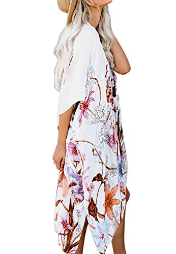 Women's Boho Sheer Kimono Cover Up - White Floral, One Size