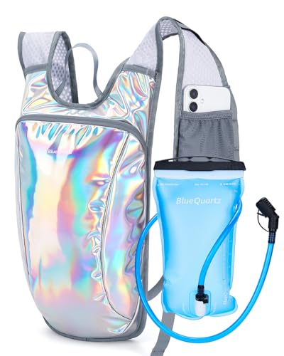 Blue Quartz Holographic Silver Rave Hydration Backpack with 2L Bladder & Phone Pocket