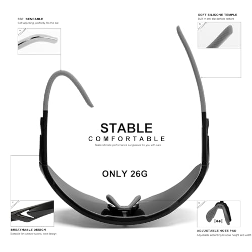 SEKKAF Polarized Sports Sunglasses for Men Women Black UV Protection Lightweight Running Cycling