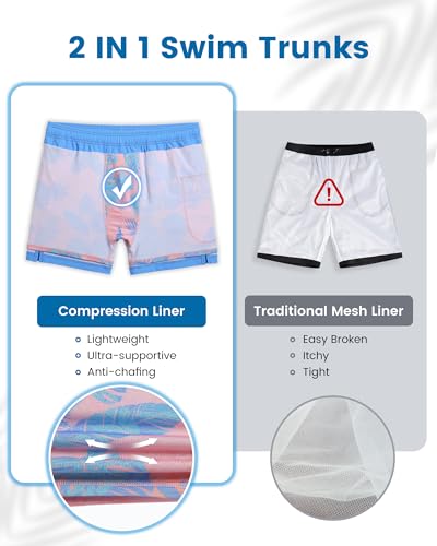 Men's Swim Trunks 5" Compression Liner Quick Dry Beach Shorts - Large Blue Pink Leaves