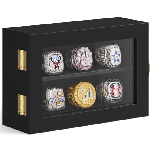 Wall Mount Championship Ring Display Case - 6 Rings Black Wood Glass Cover - Variation of THIS listing: 6 Posts-Black-Rectangle