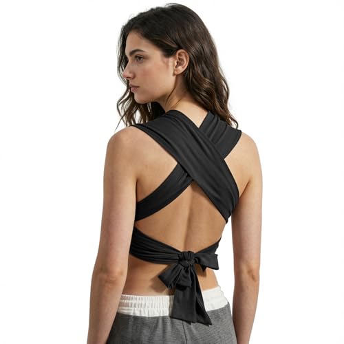 Women's Deep V Neck Crop Top - Black, Adjustable Tie Backless Halter, Breathable Cotton Summer Festival Top