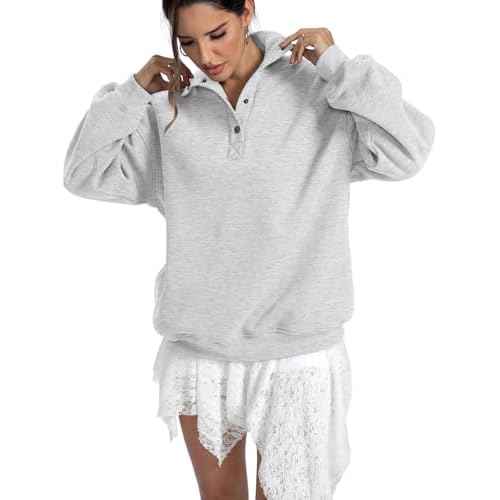 Womens Fleece Sweatshirts Oversized Henley Neck Long Sleeve Button Pullover Tops Trendy Outfits Clothes 2026