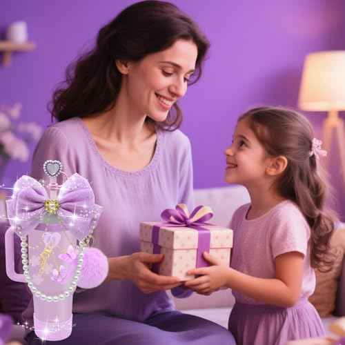 LBU Bling Stanley Cup Accessories for 40/30/20 oz Tumbler with Handle Including Glitter Bow Straw Topper, Heart Straw Cover, Pearl Water Bottle Handle Strap, Boot, Pom-Pom, Keychain Charms(Purple)