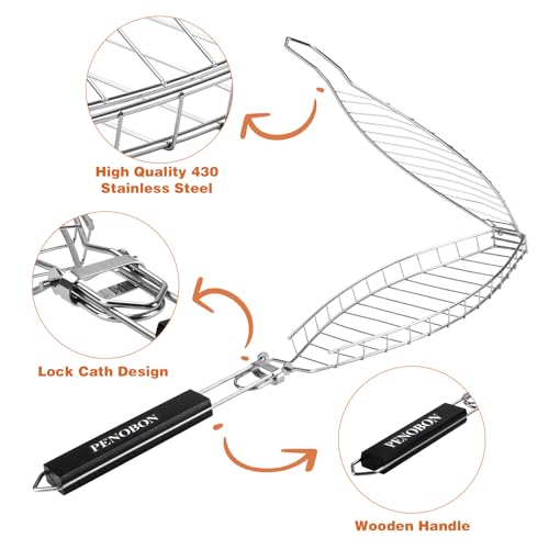 Fish Grill Basket for Whole Fish Seafood Vegetables - Non-Stick Stainless Steel