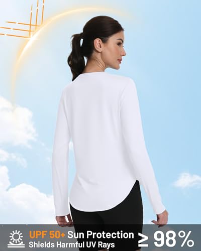 Runhit Women's Sun Shirt Long Sleeve UPF 50+ Rash Guard - Medium White - Lightweight Sun Protection Top for Hiking & Workout