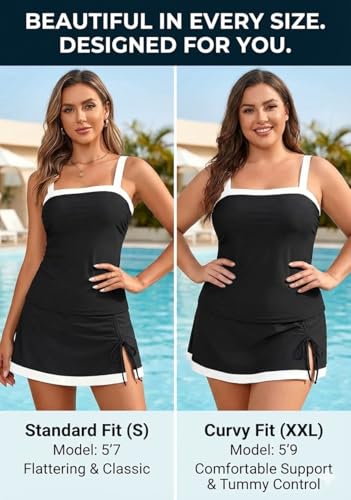 Tempt Me Two Piece Tankini Swimsuit with Skirt - Tummy Control Bathing Suit Large Black & White