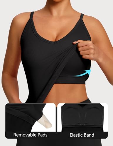 2 Pack Workout Tank Tops with Built-in Bra for Women V Neck Ribbed Set B X-Large