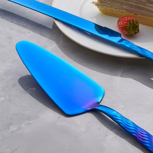 Blue Cake Cutting Set - Stainless Steel Knife and Server with Filigree Design