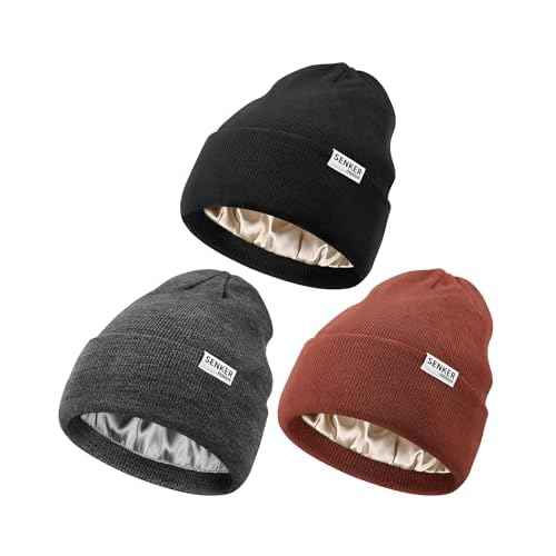Senker Fashion 3 Pack Satin Lined Beanie Hats for Women Men, Winter Silk Beanies Knit Soft Warm Cuffed Hat Slouchy Caps