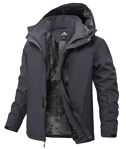 Men's Waterproof Snow Ski Jacket - Insulated Hooded Coat, Fleece Lined, Deep Grey, Medium
