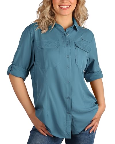 Women's UPF 50+ UV Sun Protection Safari Shirt Large Ocean Blue Quick Dry Outdoor Hiking Travel