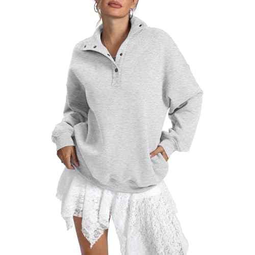 Womens Fleece Sweatshirts Oversized Henley Neck Long Sleeve Button Pullover Tops Trendy Outfits Clothes 2026