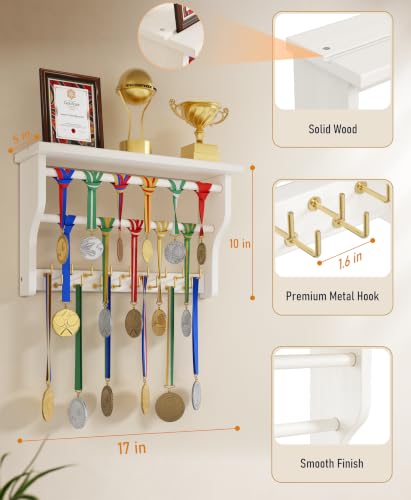White 3-Tier Solid Wood Medal Hanger Display with Brass Hooks