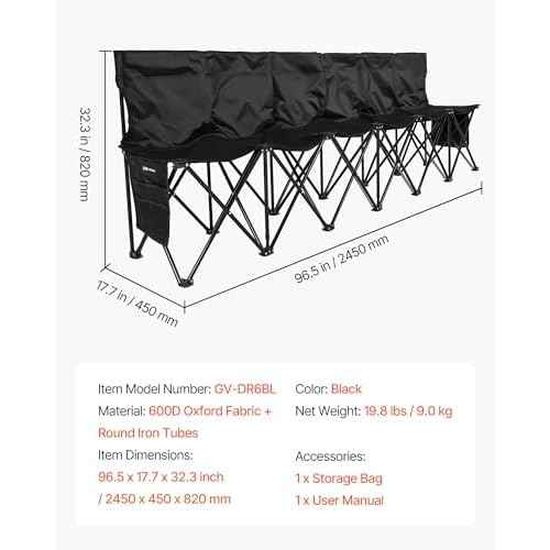 VEVOR Portable Folding Bench, 6 Seat Soccer Bench with Multiple Storage Pockets & Carrying Bag, Lightweight Sideline Seating with Back Rest for Football, Baseball, Camping, Outdoor Events, Black