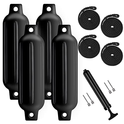 Black 4.5-Inch Boat Fenders 4 Pack with Ribs Twin Eyes Marine Bumpers with Ropes, Needles & Pump