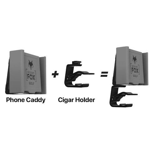 Desert Fox Golf Phone Caddy + Cigar Holder – Adjustable Golf Cart Phone Mount with Secure Cigar Clip – Hands-Free GPS & Golf App Access – Fits All Phones & Cigars (Black)