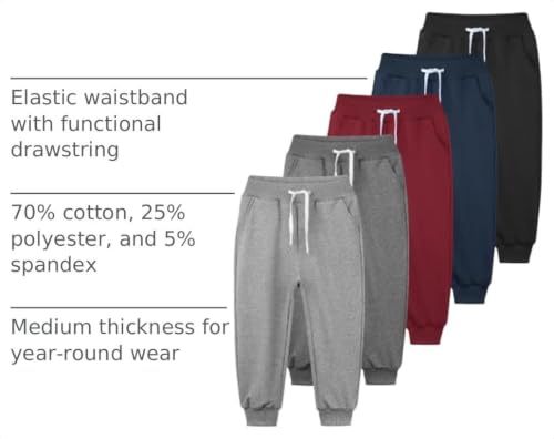 Resinta 5 Pack Toddler Boys Sweatpants Athletic Joggers Cotton Pants 7-8 Years - Black, Grey, Navy, Burgundy